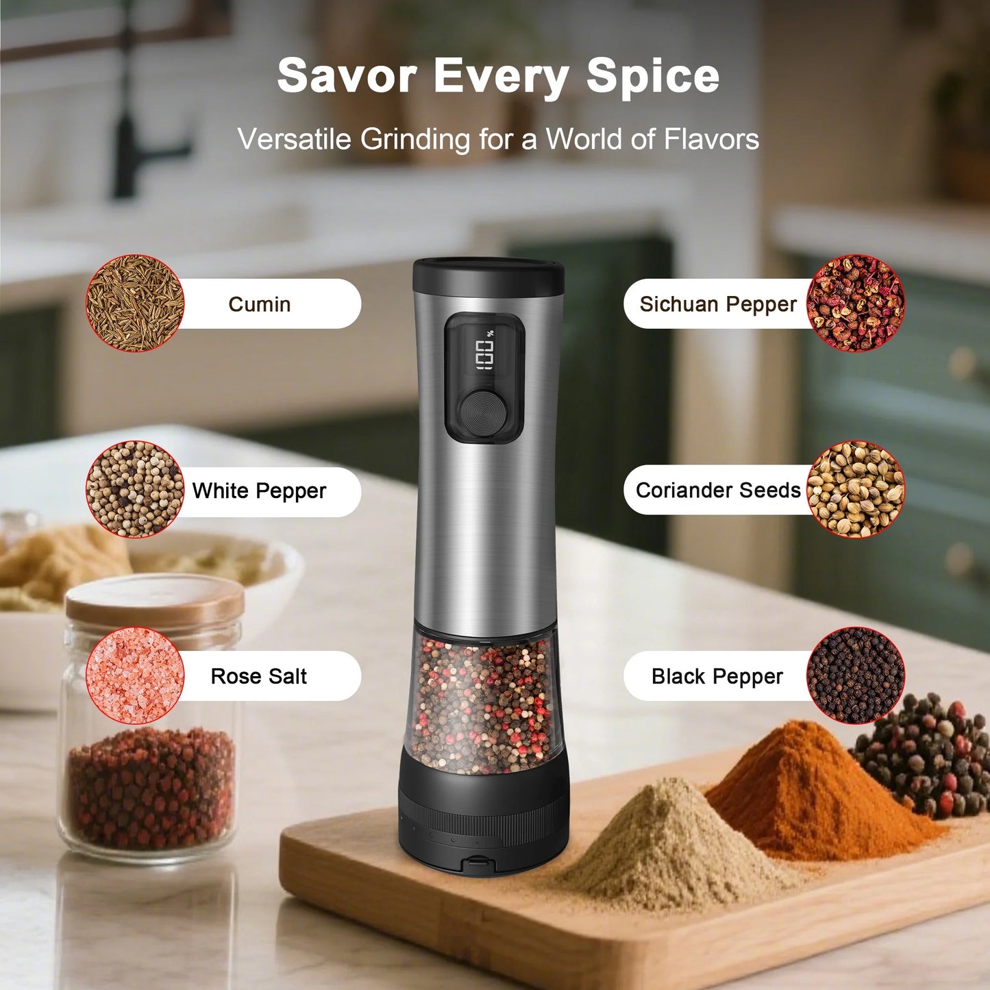 Electric Salt and Pepper Grinder Set – Automatic Rechargeable Pepper Mill with LED Battery Display & USB‑C Charging Base, 5‑Level Adjustable Stainless Steel Spice Mill for Kitchen, Dining & Camping