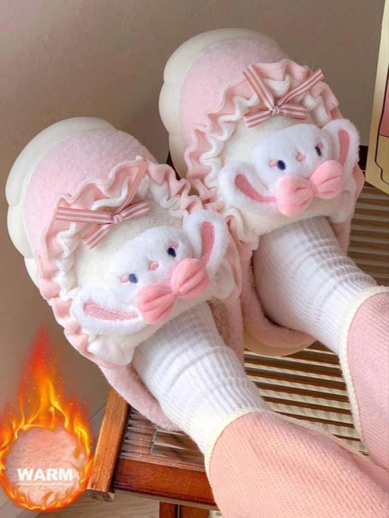 Women'S Thick Sole Plush Slippers for Home Use, Cute Cartoon Rabbit Design, Warm Non-Slip Winter Footwear, Cozy House Slippers