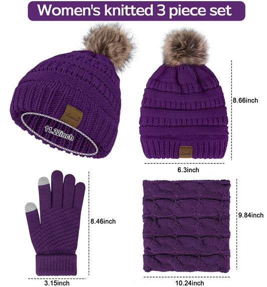 3 Pcs Women Winter Hat and Gloves Sets, Beanies Knit Classic Neck Warmer and Touchscreen Gloves Purple