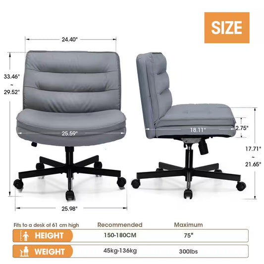 Criss Cross Chair with Wheels PU Leather Armless Cross Legged Office Desk Chair Height Adjustable Vanity Chair, Gray