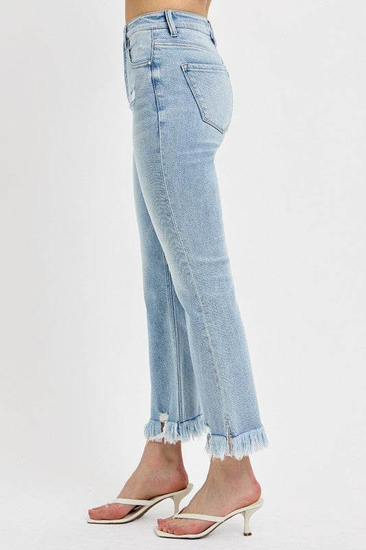 RISEN Full Size Raw Hem Distressed Cropped Flare Jeans plus Size