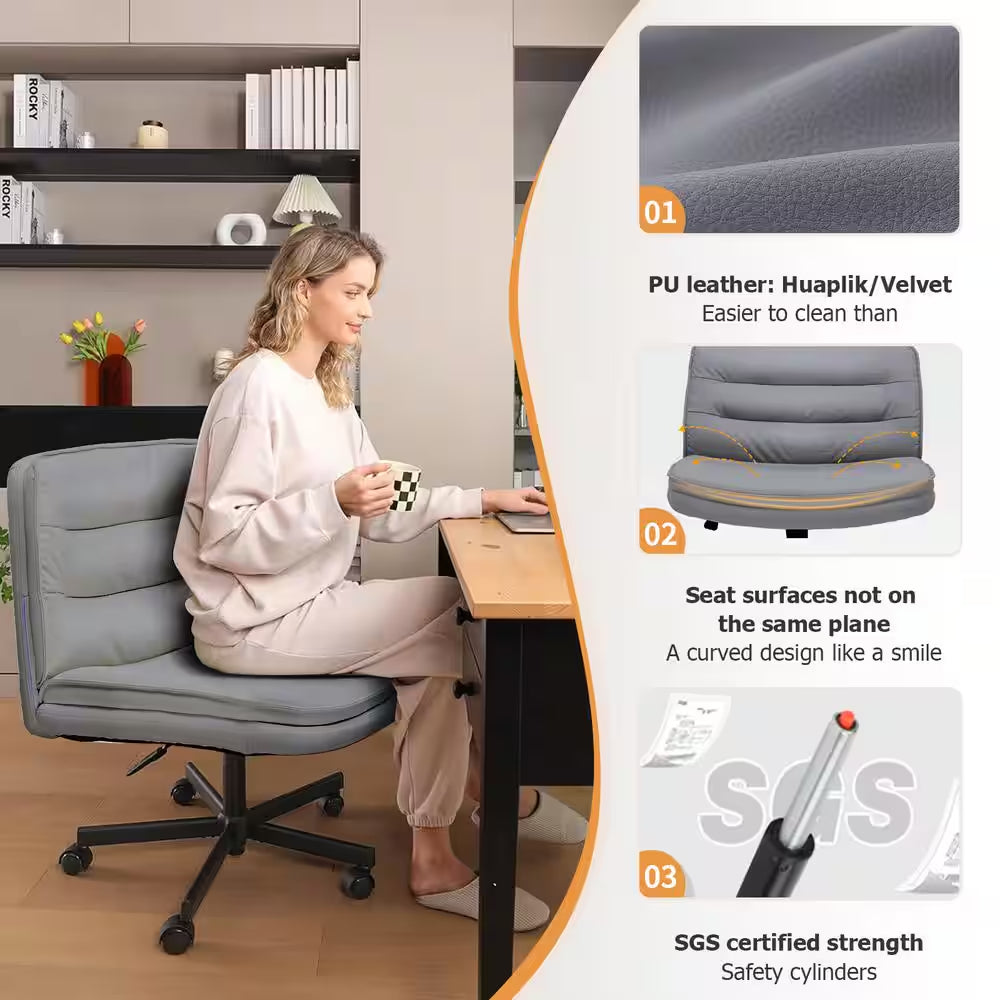 Criss Cross Chair with Wheels PU Leather Armless Cross Legged Office Desk Chair Height Adjustable Vanity Chair, Gray