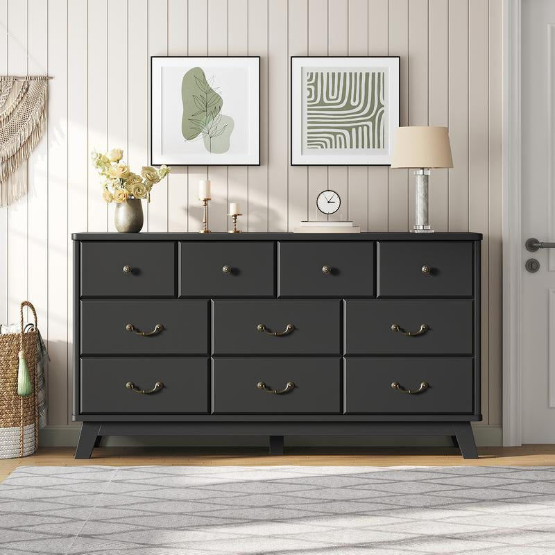 Black Dresser for Bedroom, Wooden 10 Drawer Dresser, 55.1" Wide Chest of Drawers with Vintage Metal Handle, Modern Dressers for Bedroom, Closet, Hallway, Living Room, Dressers TV Stand