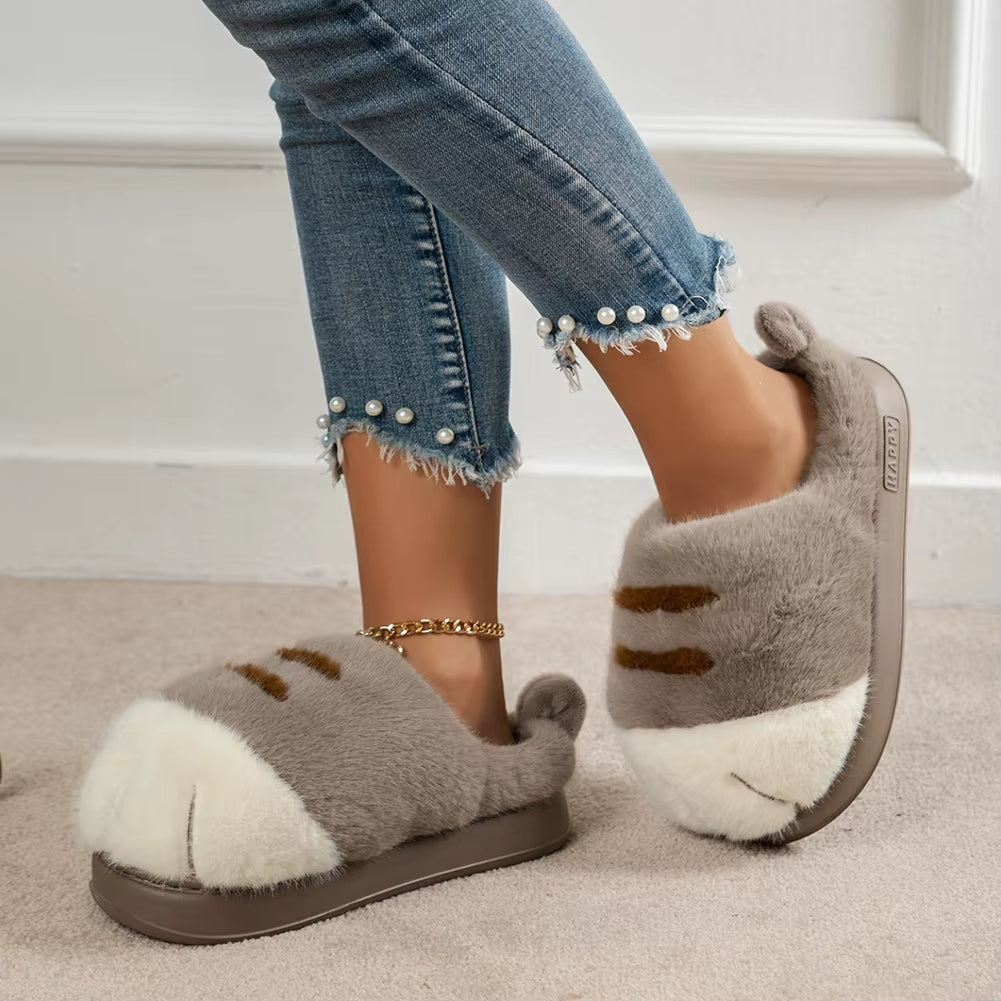 3D Cat Paw Plush Slippers Flat Thermal Slippers Comfortable Fluffy Home Slippers anti Slip Cute Paw Slippers for Indoor Bedroom
