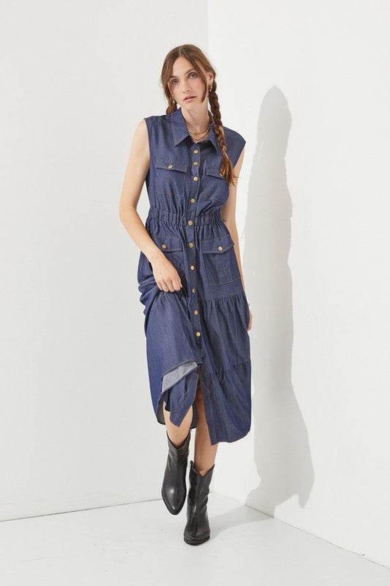 PLUS SLEEVELESS BUTTON down COLLARED DENIM DRESS