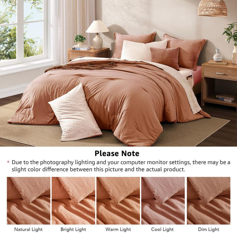 Melex Home 7-Pieces Comforter Set, Modern Farmhouse Coastal Style Bedding, 1 Single-Stitch Comforter, 2 Pillowcases, 2 Shams, 1 Flat & 1 Fitted Sheet