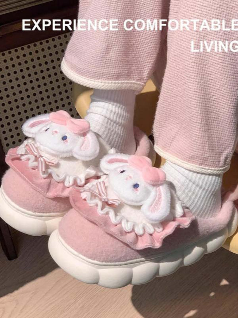 Women'S Thick Sole Plush Slippers for Home Use, Cute Cartoon Rabbit Design, Warm Non-Slip Winter Footwear, Cozy House Slippers