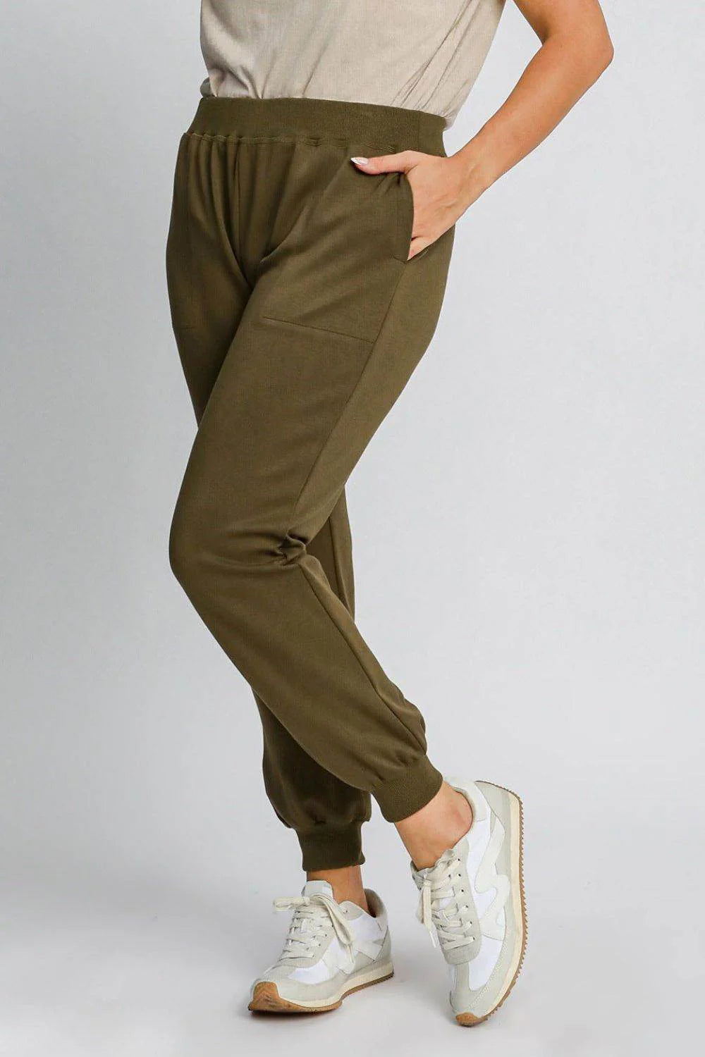 Umgee Full Size High Rise Elastic Waist Knit Joggers with Pockets plus Size