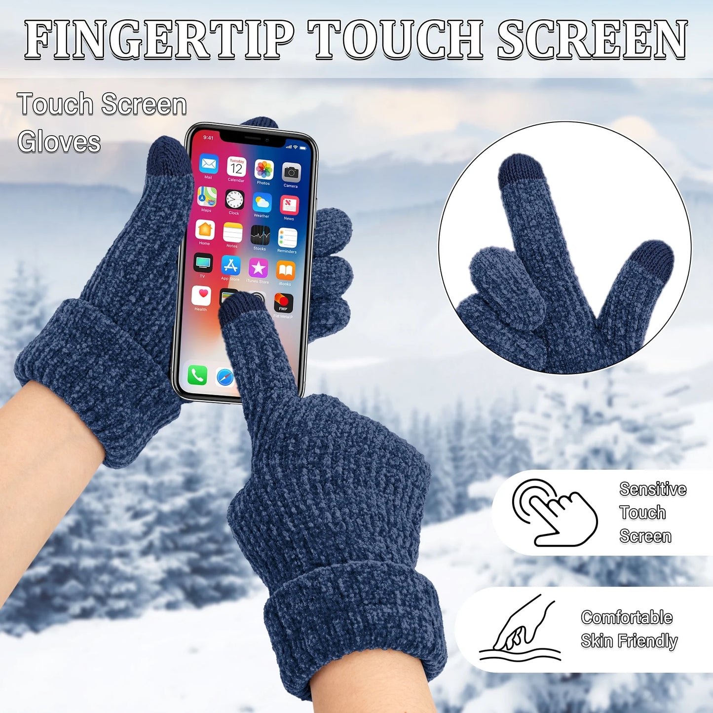 2 Pairs Winter Gloves for Women Chenille, Winter Warm Thick Lined Touchscreen Fingers Weather Gloves