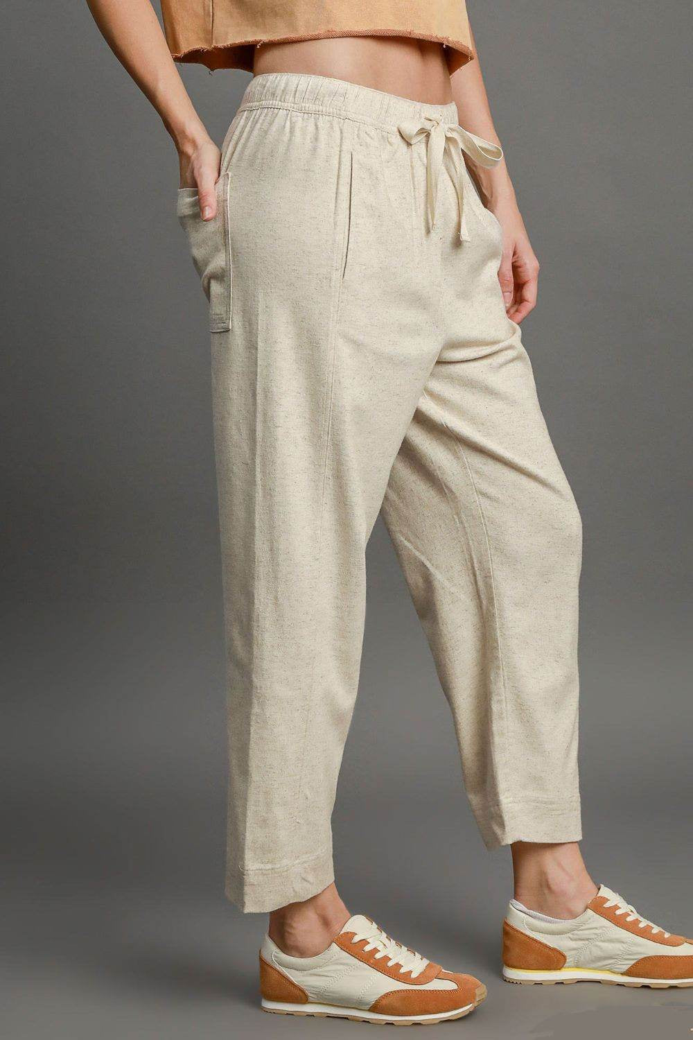Umgee Full Size Drawstring Elastic Waistband Linen Blend Pants plus Size