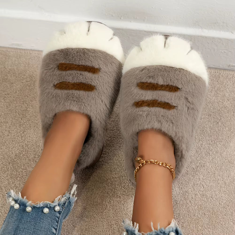 3D Cat Paw Plush Slippers Flat Thermal Slippers Comfortable Fluffy Home Slippers anti Slip Cute Paw Slippers for Indoor Bedroom