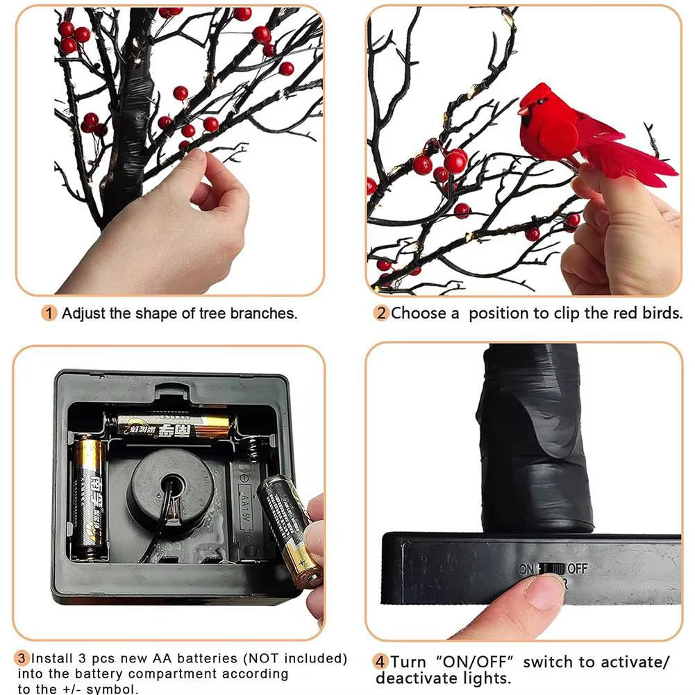 LED Retro Luminous Christmas Tree Lamp Festival Christmas Decoration with Red Fruit and Bird Decor for Tabletop