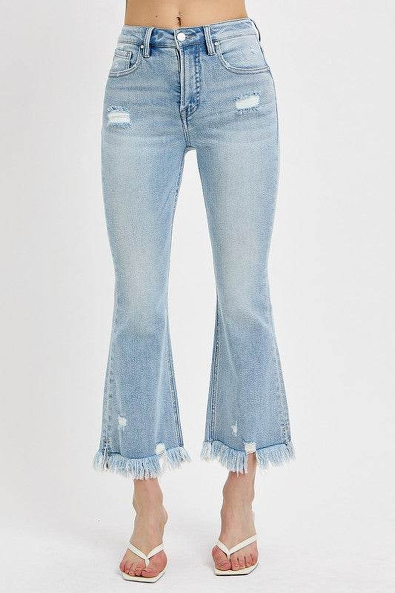 RISEN Full Size Raw Hem Distressed Cropped Flare Jeans plus Size
