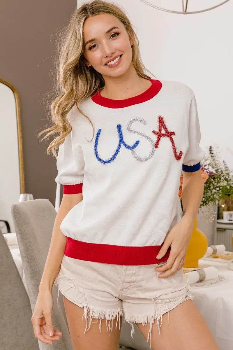 Bibi USA Metallic Letter Color Block Knit Top