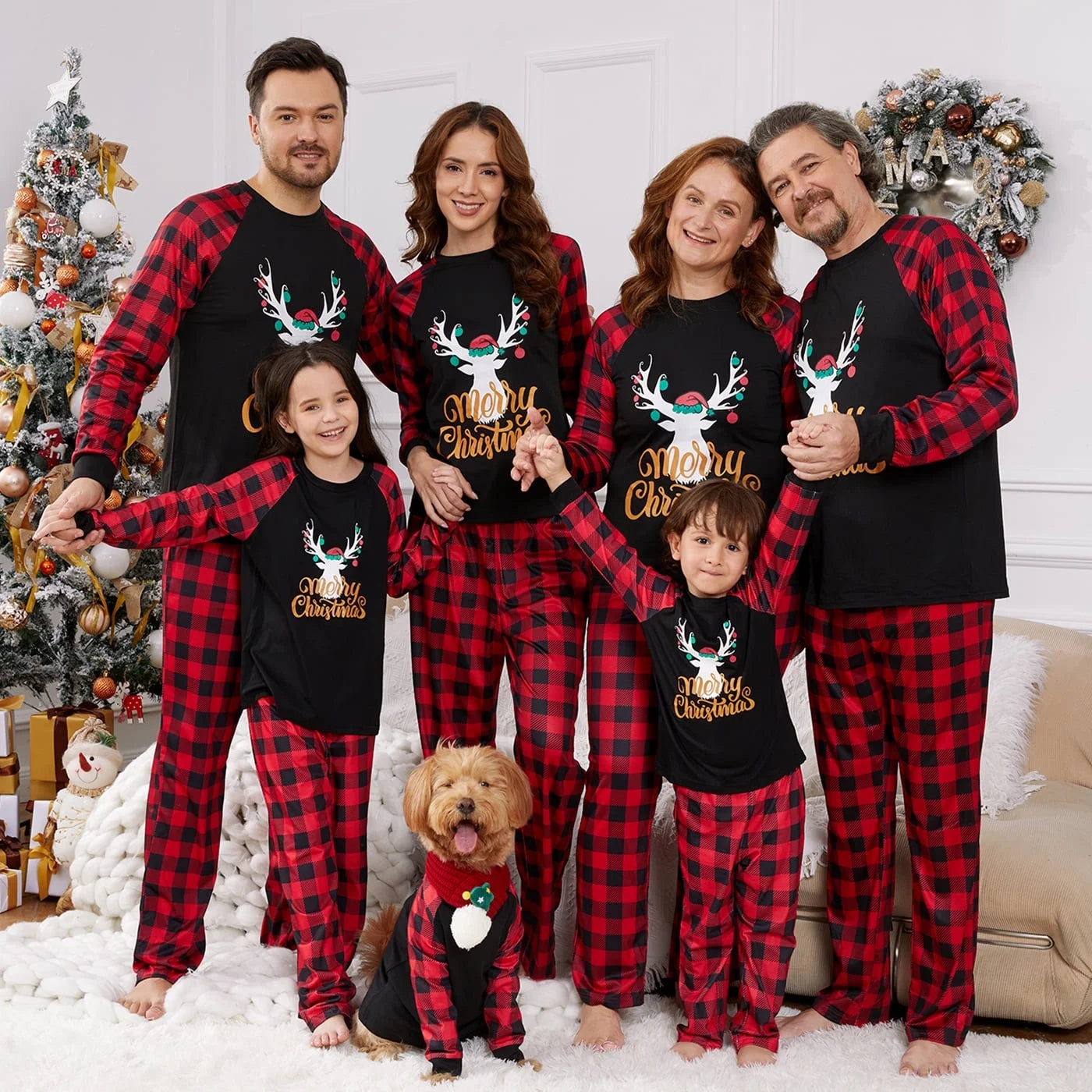 Merry Christmas Pajamas Letter Antler Print Plaid Splice Family Matching Pajamas Sets for Men, Red Plaid, L