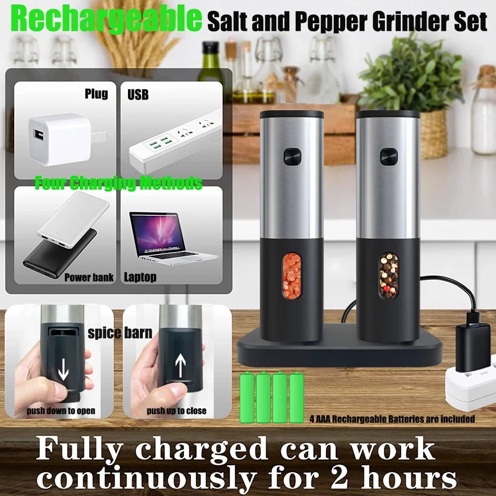 Rechargeable Electric Salt and Pepper Grinder Sets with Charging Base, Stainless Steel Pepper Grinder with Rechargeable Batteries, Salt Grinder with Adjustable Coarseness and LED Blue Light