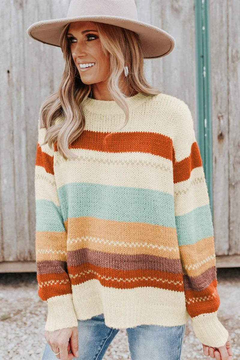 Women Drop-Shoulder Striped Color Block Sweater
