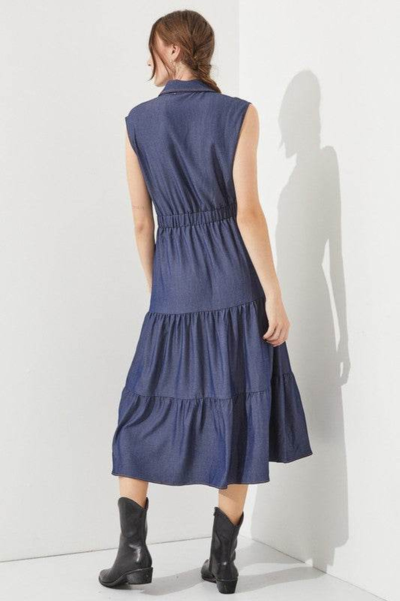 PLUS SLEEVELESS BUTTON down COLLARED DENIM DRESS