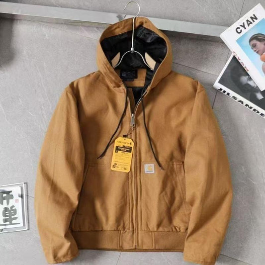 CARHARTT Medium Hooded Work Jacket for Men Brown Color Zip Front Design Practical Workwear with Hooded Feature & Easy Access Zip