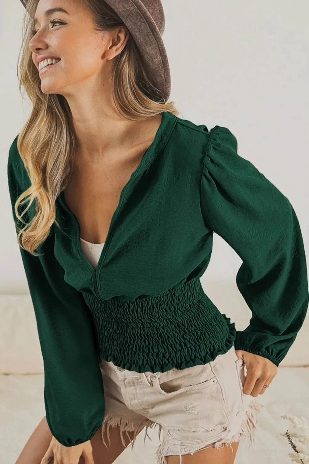 Bibi Smoking Waist Band and Puff Sleeves Deep V Neck Top