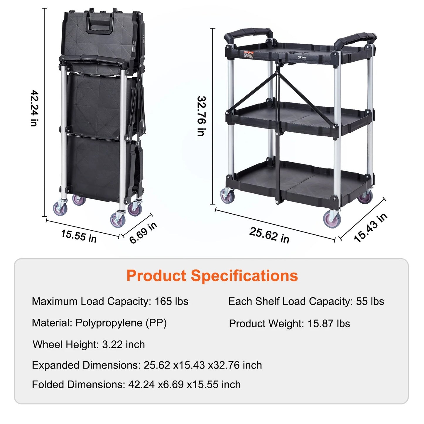 VEVOR Foldable Utility Service Cart, 3 Shelf 165LBS Heavy Duty Plastic Rolling Cart with Lockable Wheels, Ergonomic Handle, Portable Garage Tool Cart for Warehouse/Office/Home(25.62X15.43X32.76)