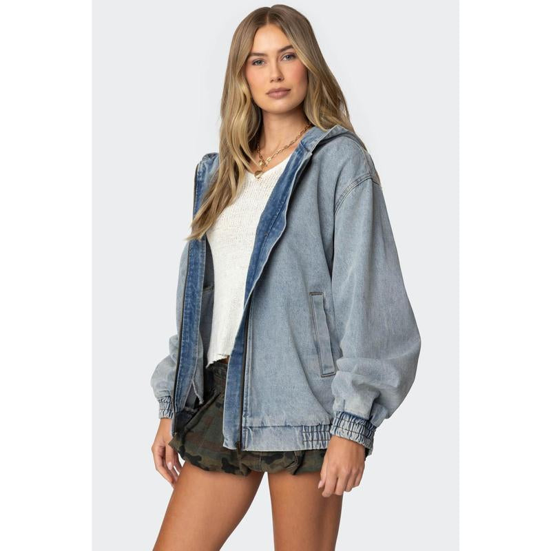 Hooded Vintage Washed Denim Bomber Jacket