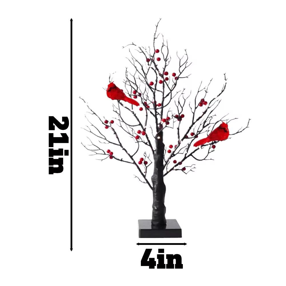 LED Retro Luminous Christmas Tree Lamp Festival Christmas Decoration with Red Fruit and Bird Decor for Tabletop