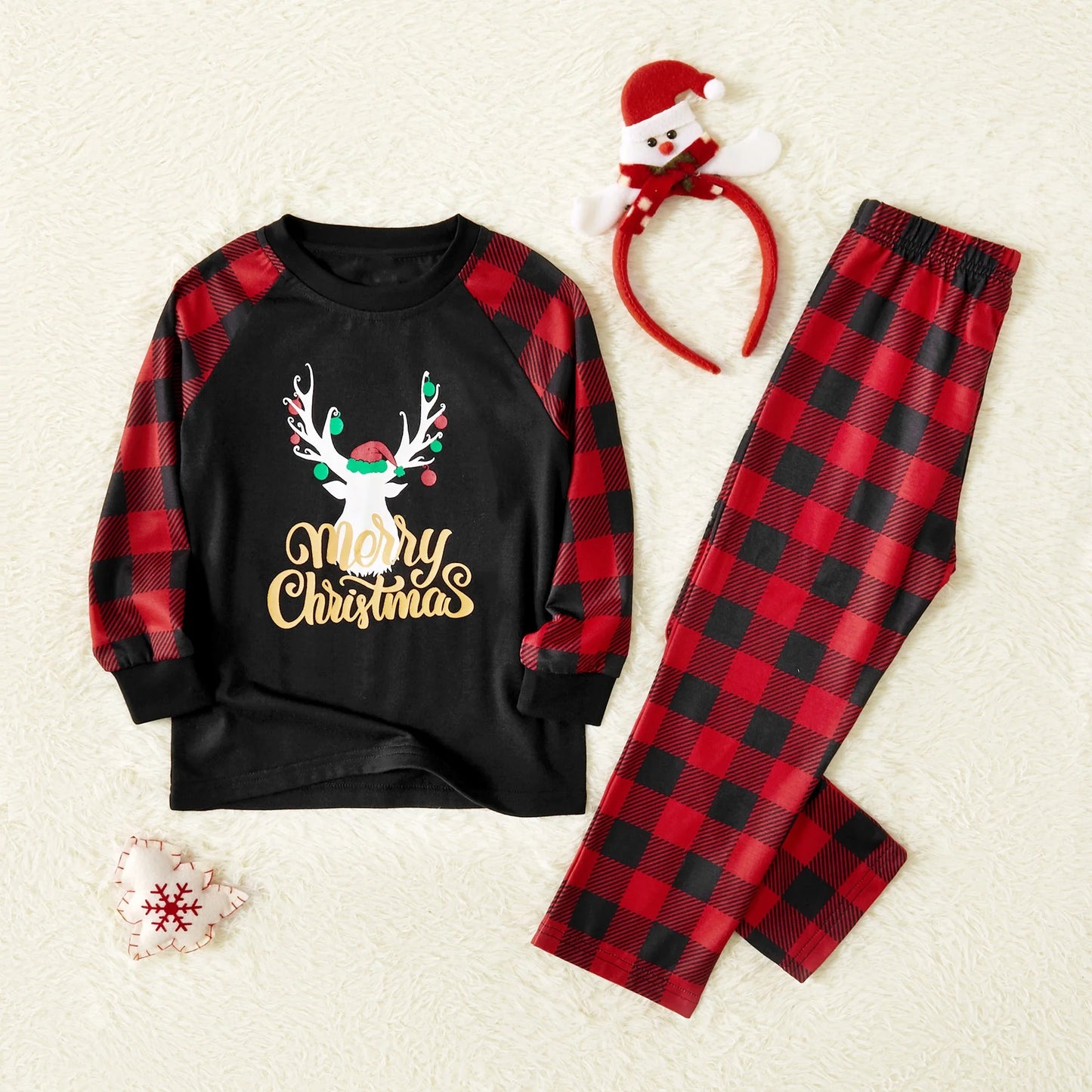 Merry Christmas Pajamas Letter Antler Print Plaid Splice Family Matching Pajamas Sets for Men, Red Plaid, L