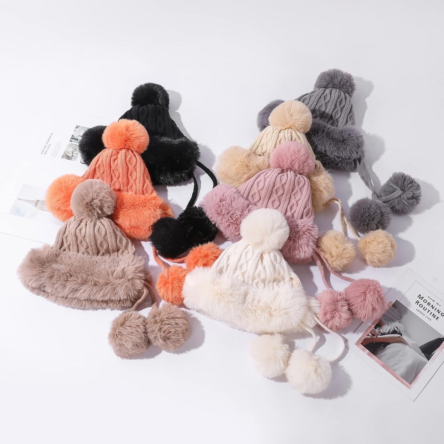 Women Winter Peruvian Cover Ears Beanie Hat Ear Flaps Sherpa Ski Snow Hats Knit Fleece Lined 3 Pom Pom