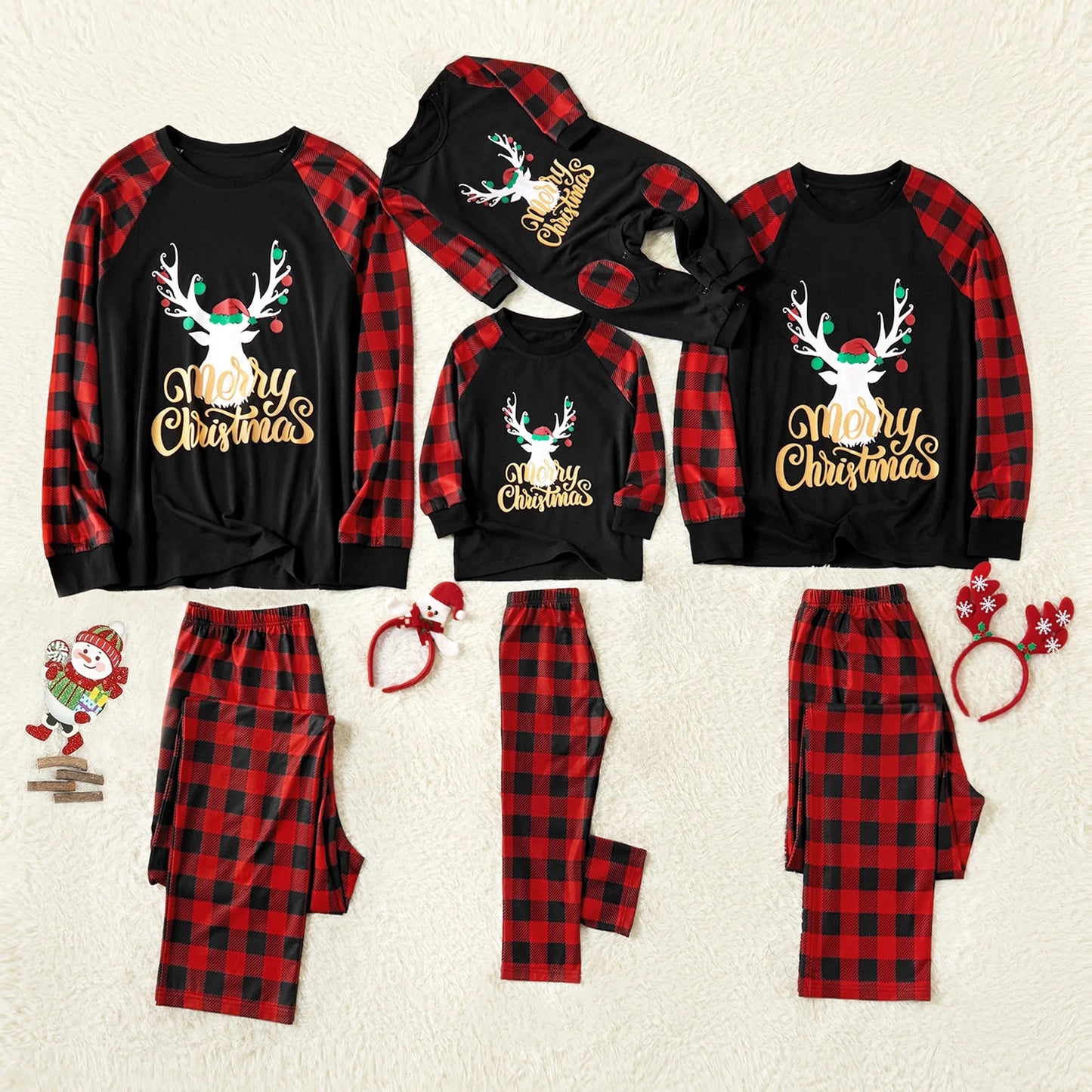 Merry Christmas Pajamas Letter Antler Print Plaid Splice Family Matching Pajamas Sets for Men, Red Plaid, L
