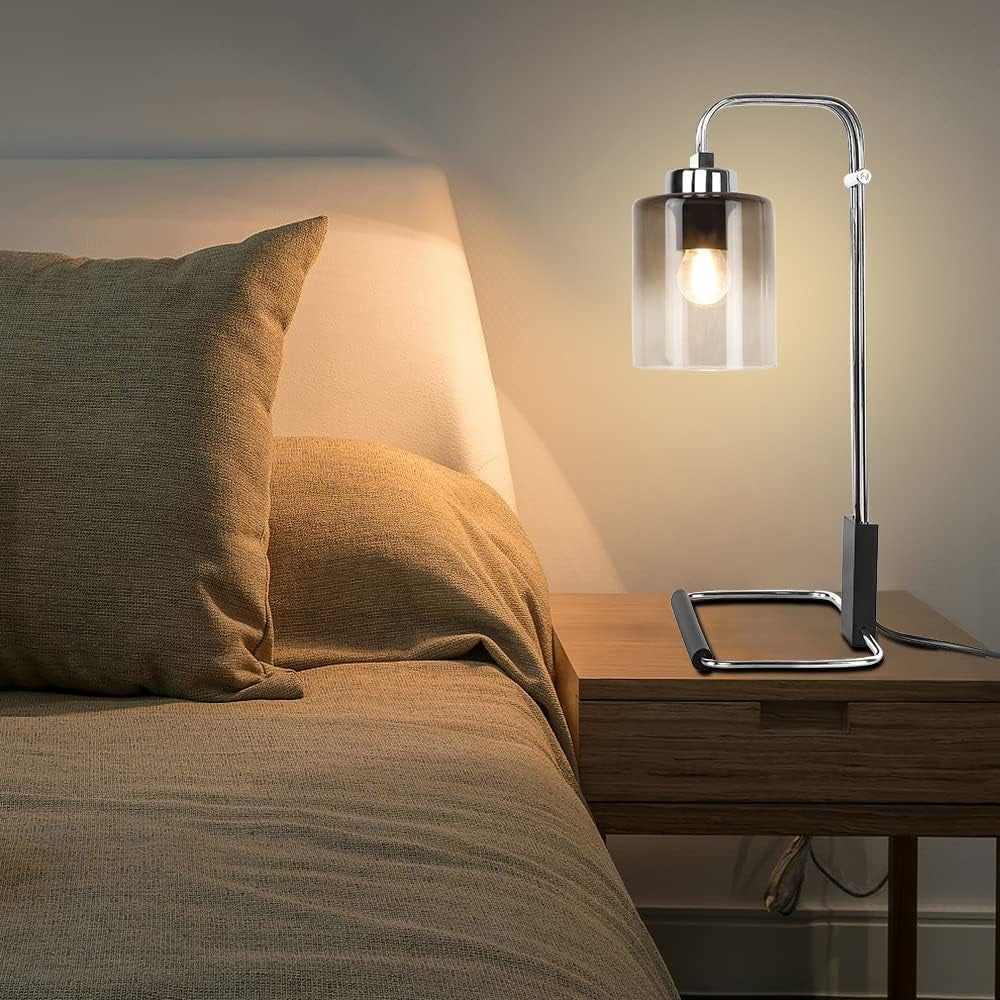 DLLT Industrial Table Lamp, Metal besides Reading Lamps with Gradient Grey Glass Lampshade, Vintage Nightstand Desk Light for Bedroom Living Room Office Dorm, Chrome Finish, 5W Bulb Included