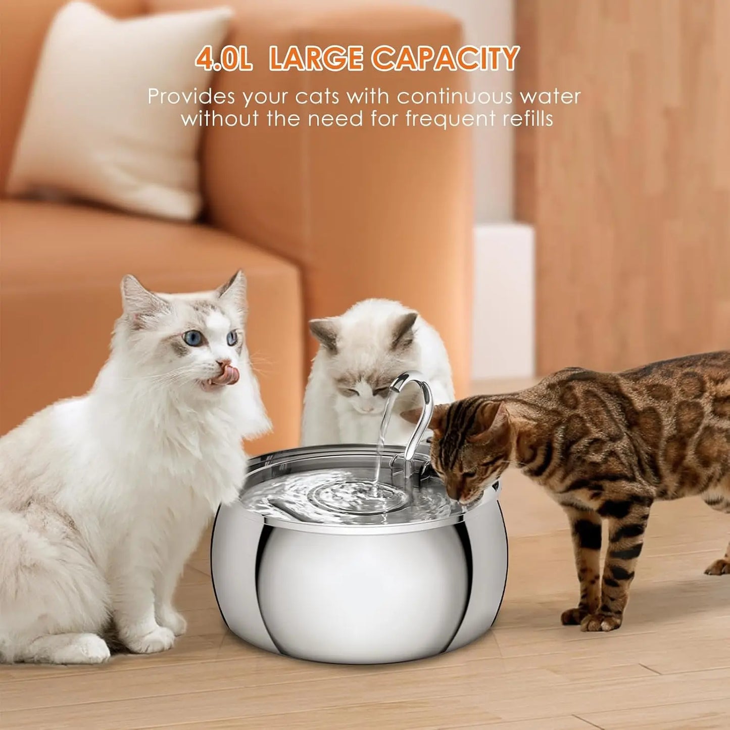 4L Ultra-Quiet Stainless Steel Cat Water Fountain Automatic Drink Filter Pet Drinking Dispenser Drinker for Cats Water Filter