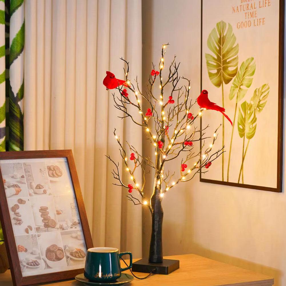 LED Retro Luminous Christmas Tree Lamp Festival Christmas Decoration with Red Fruit and Bird Decor for Tabletop
