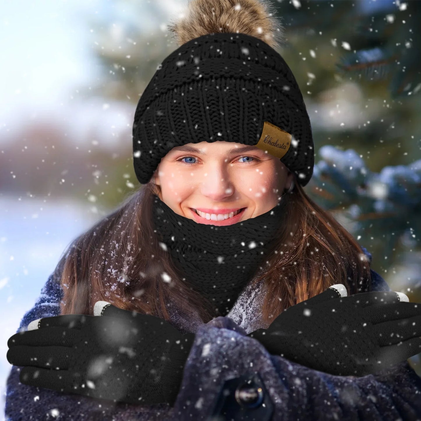 5 Pcs Women Winter Beanie Hat Gloves Scarf Set, Warm Thick Soft Knitted Touch Screen Black