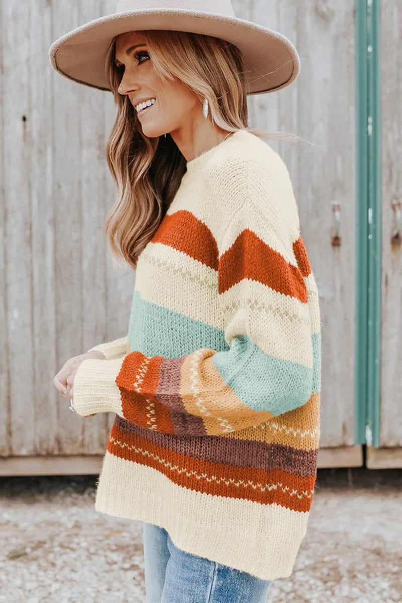 Women Drop-Shoulder Striped Color Block Sweater