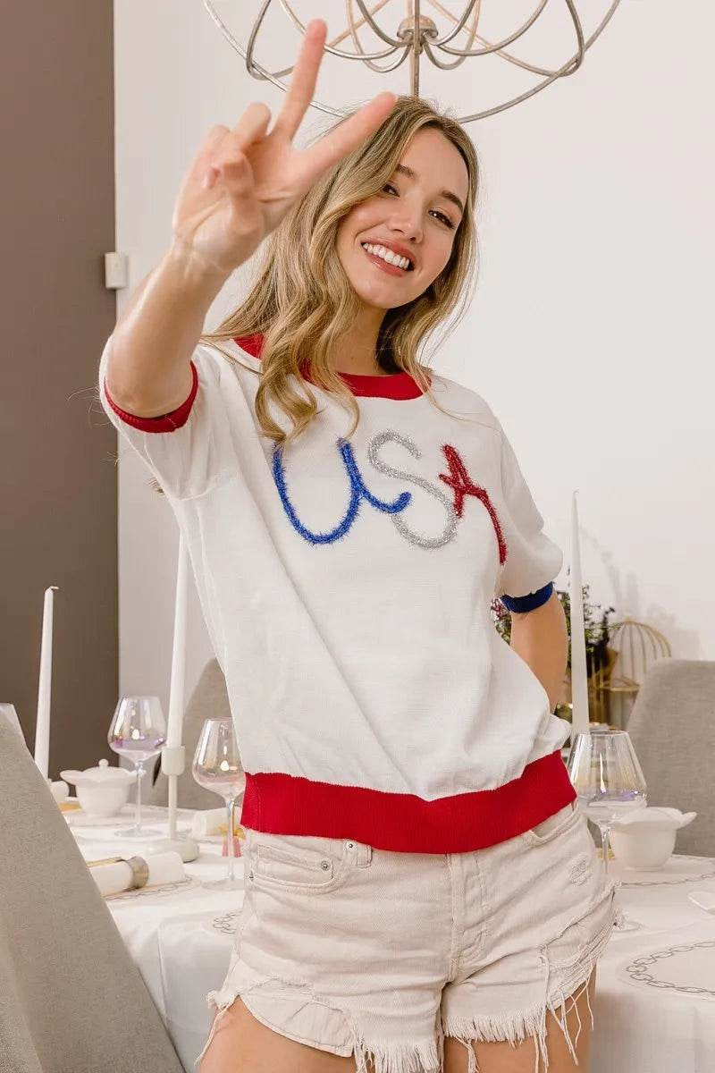 Bibi USA Metallic Letter Color Block Knit Top