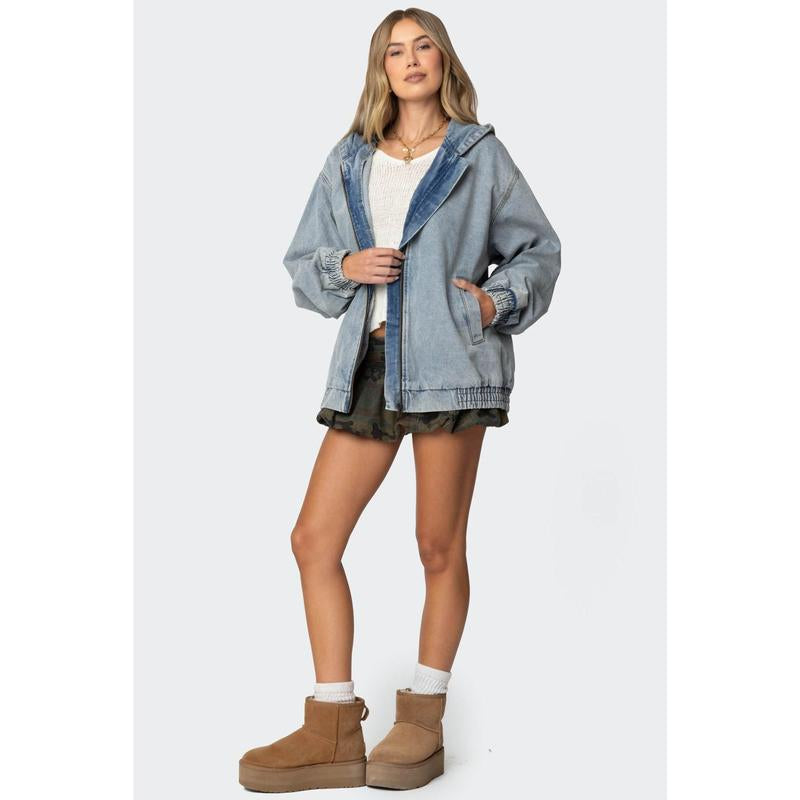 Hooded Vintage Washed Denim Bomber Jacket