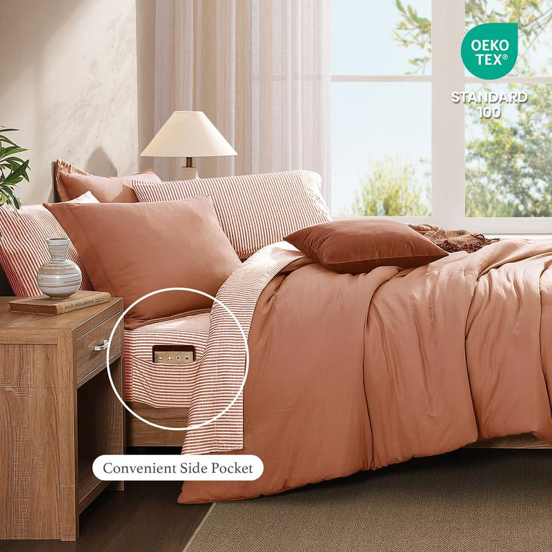 Melex Home 7-Pieces Comforter Set, Modern Farmhouse Coastal Style Bedding, 1 Single-Stitch Comforter, 2 Pillowcases, 2 Shams, 1 Flat & 1 Fitted Sheet