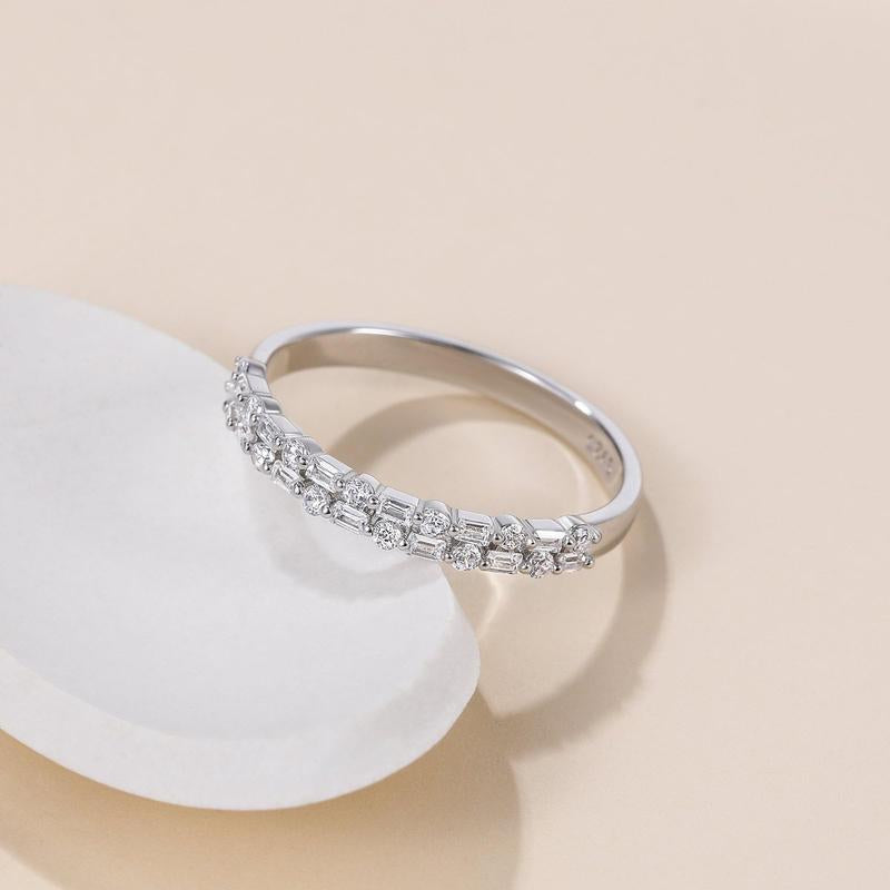 EAMTI 925 Sterling Silver Wedding Bands for Women Baguette round Cubic Zirconia Two-Row Eternity Band Stackable Engagement Rings