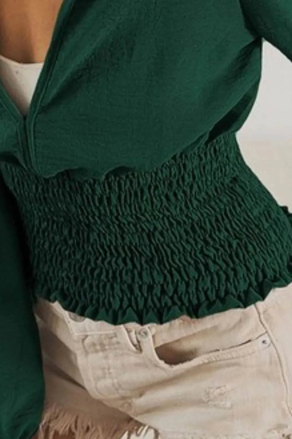 Bibi Smoking Waist Band and Puff Sleeves Deep V Neck Top