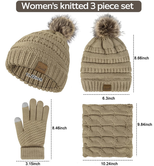 3 Pcs Women Winter Hat and Gloves Sets, Knit Classic Long Scarf Warmer Accessories Khaki