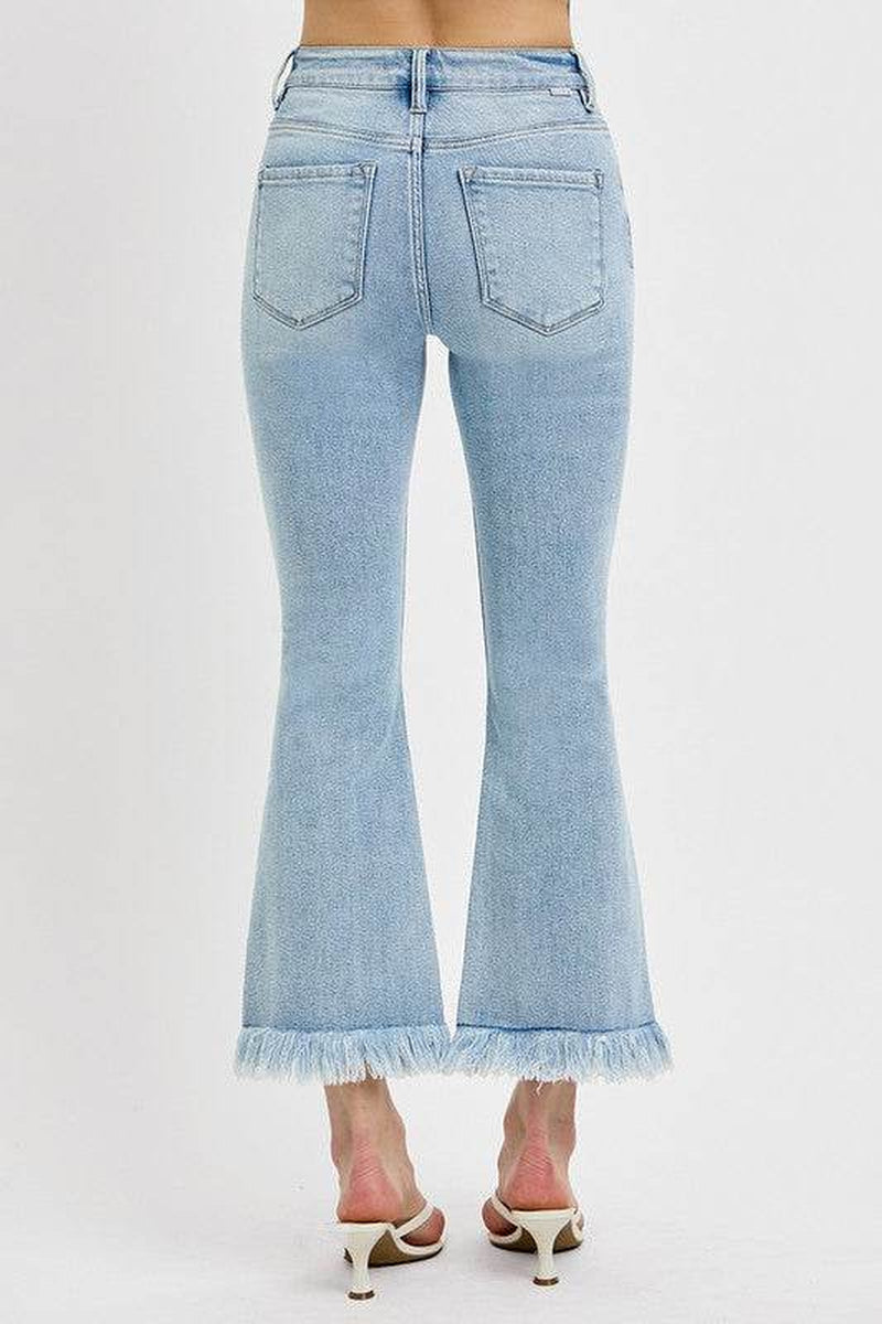 RISEN Full Size Raw Hem Distressed Cropped Flare Jeans plus Size