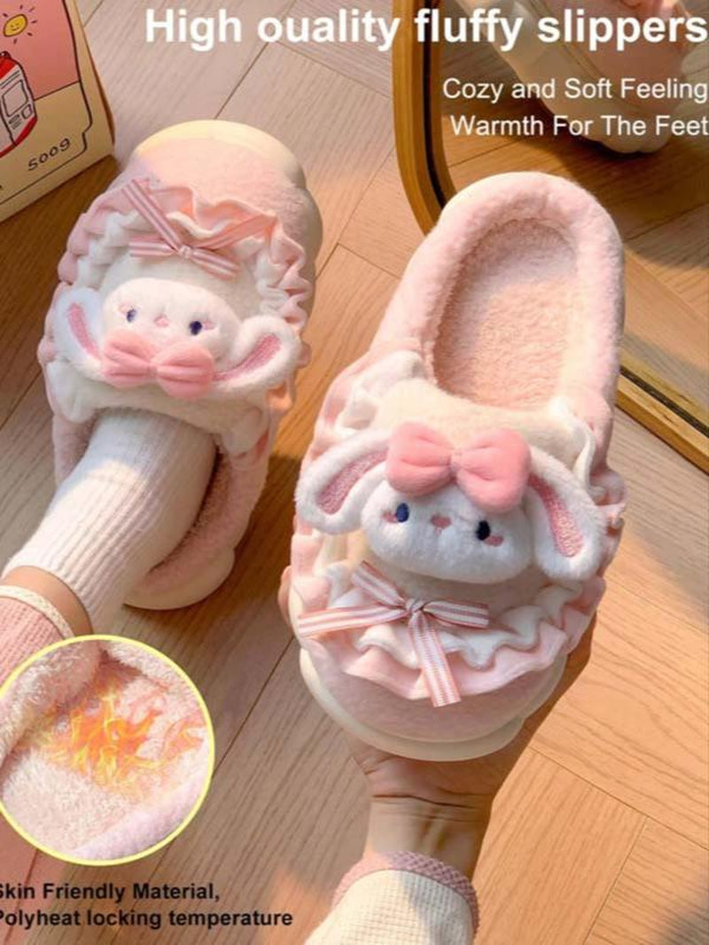 Women'S Thick Sole Plush Slippers for Home Use, Cute Cartoon Rabbit Design, Warm Non-Slip Winter Footwear, Cozy House Slippers