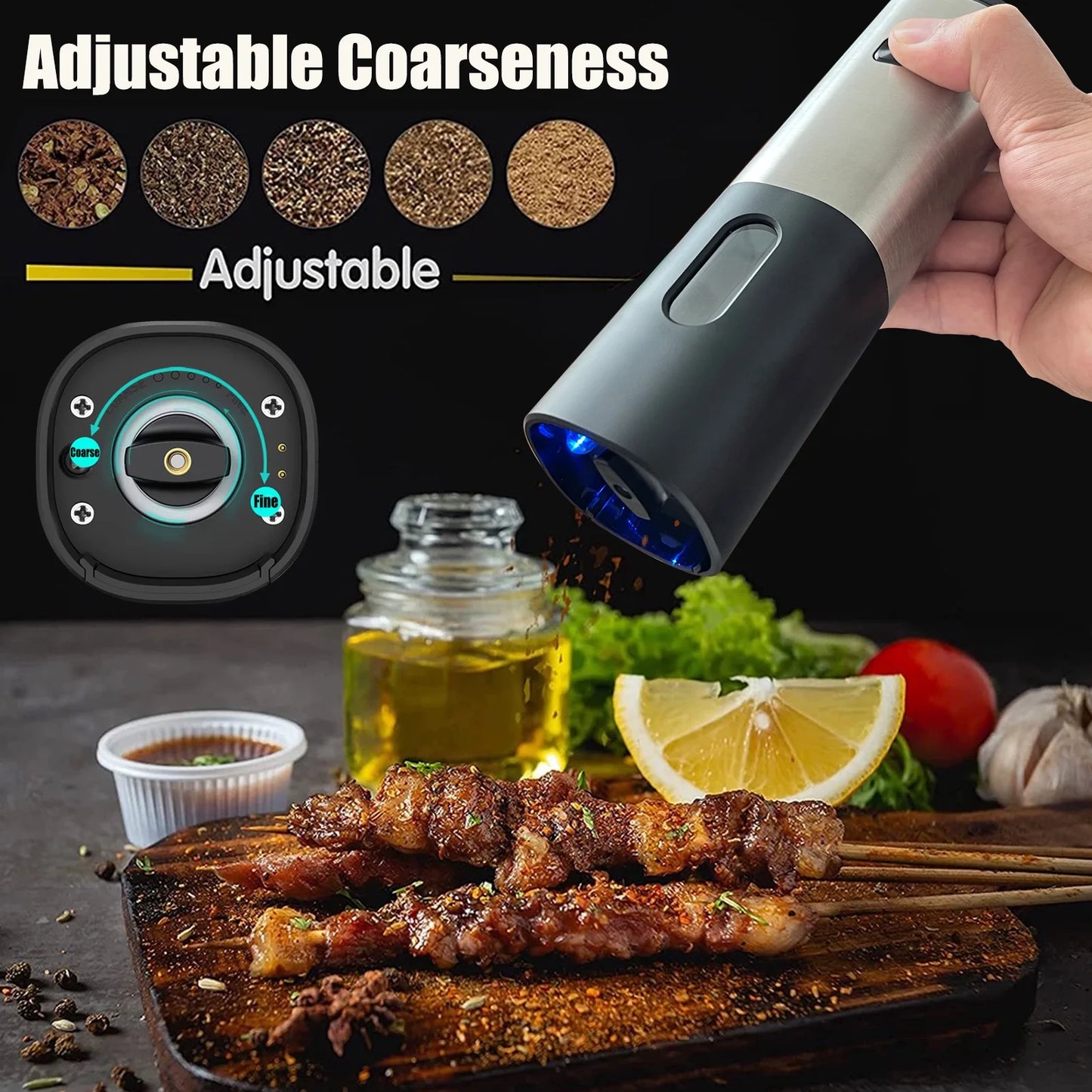 Rechargeable Electric Salt and Pepper Grinder Sets with Charging Base, Stainless Steel Pepper Grinder with Rechargeable Batteries, Salt Grinder with Adjustable Coarseness and LED Blue Light