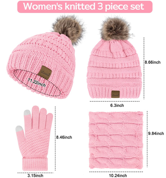 3 Pcs Women Winter Hat and Gloves Sets, Beanies Knit Classic Neck Warmer and Touchscreen Gloves Pink