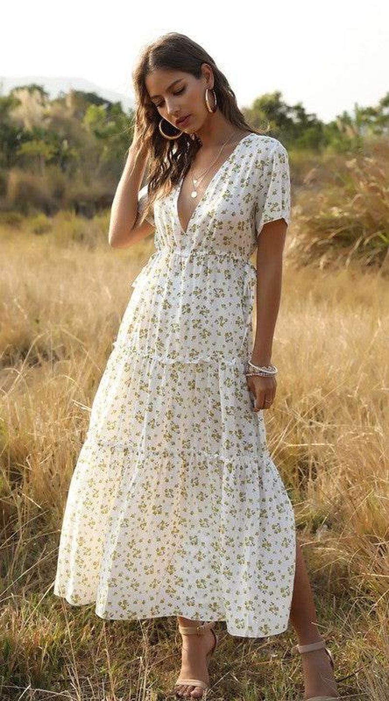 V Neck Floral Tiered Midi Dress