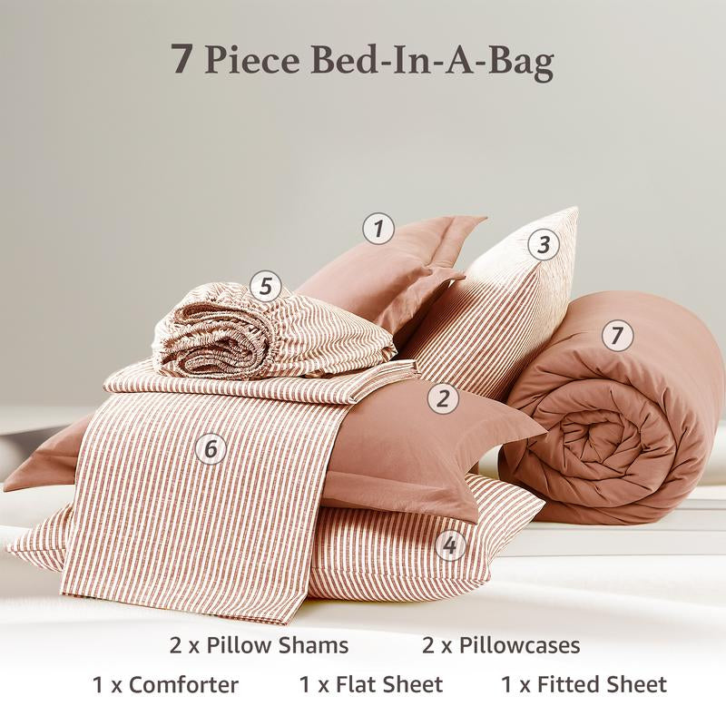 Melex Home 7-Pieces Comforter Set, Modern Farmhouse Coastal Style Bedding, 1 Single-Stitch Comforter, 2 Pillowcases, 2 Shams, 1 Flat & 1 Fitted Sheet