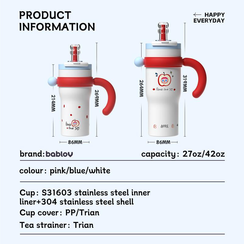 Bablov 42Oz 316L Stainless Steel Cartoon Pattern Water Cup with Handle---Leak-Proof Thermos Cup, Cute and Suitable for Children, Teenagers, and Adults