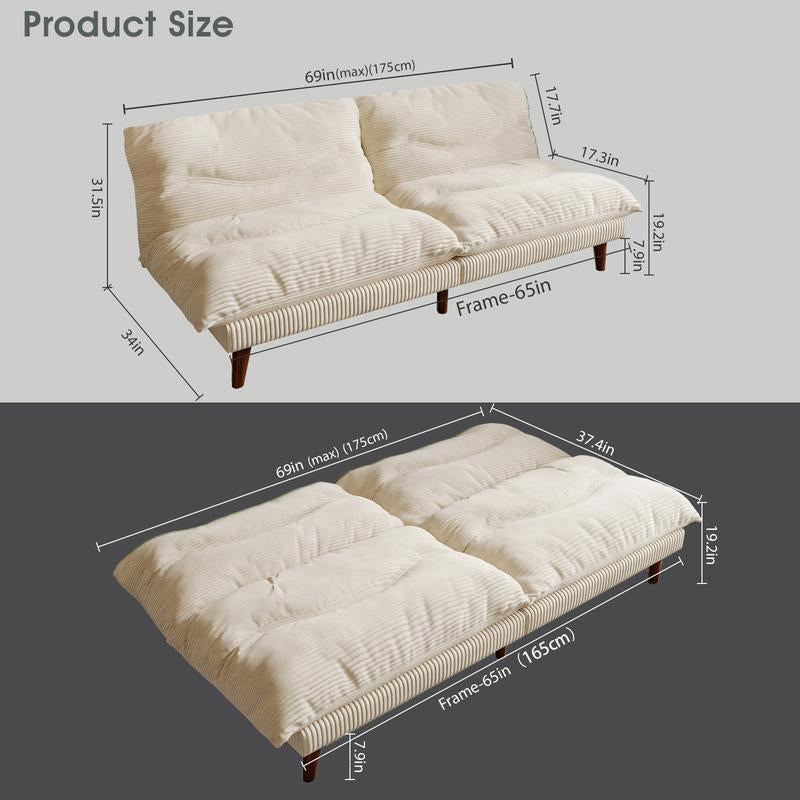 Llappuil 3-In-1 Futon Convertible Sofa Bed, Corduroy Loveaseat Sleeper Sofa Couch for Living Room Apartment Beige.165Cm Frame/175Cm Extended