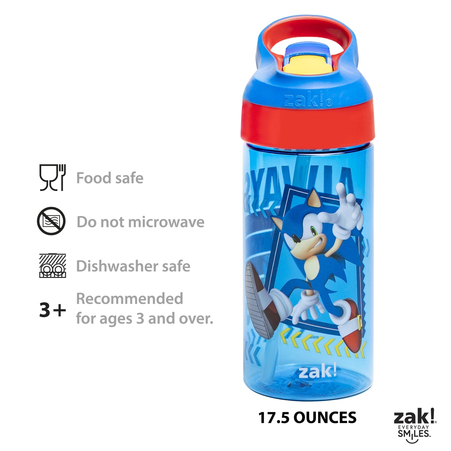 17.5Oz Sonic the Hedgehog Kids Water Bottle with Spout Cover and Built-In Carrying Loop, Made of Durable Plastic, Leak-Proof Design for Travel (17.5 Oz, Pack of 2)